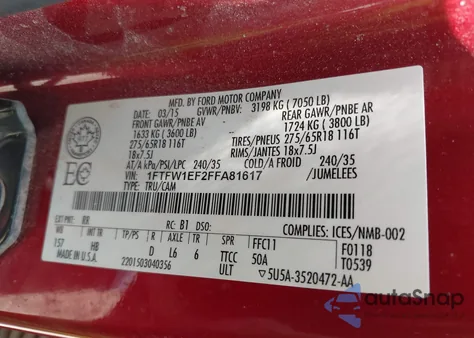 2015 Ford F-150 Lariat из США, поврежденный, VIN 1FTFW1EF2FFA81617